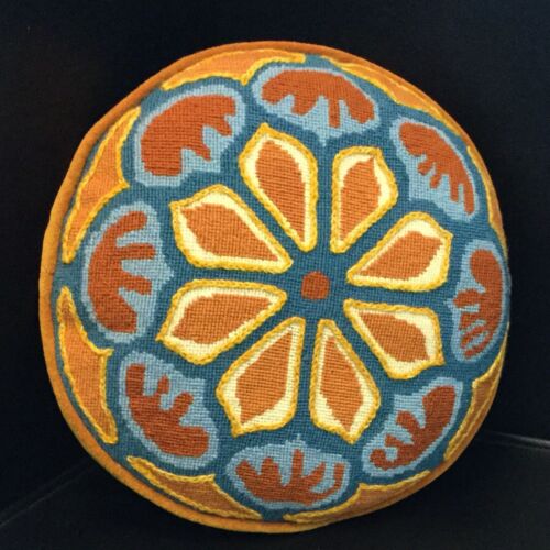 Vtg Throw Decorative Pillow Embroidered Orange Velvet floral Blue Turkish circle