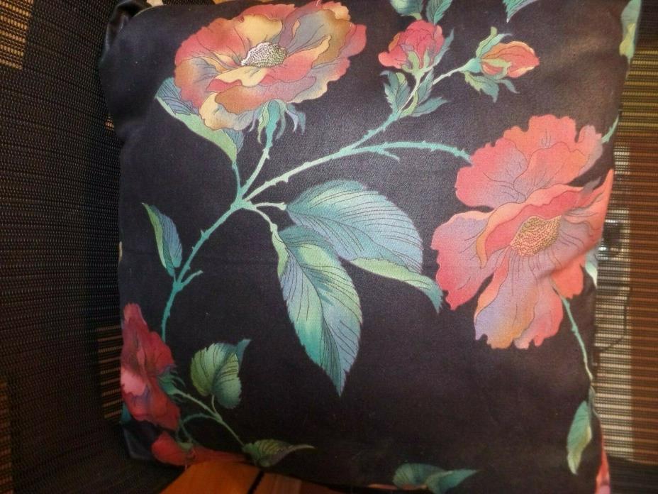 Vintage Handmade Throw Pillow, Polished Cotton Large Orange Poppies, B&W Stripes