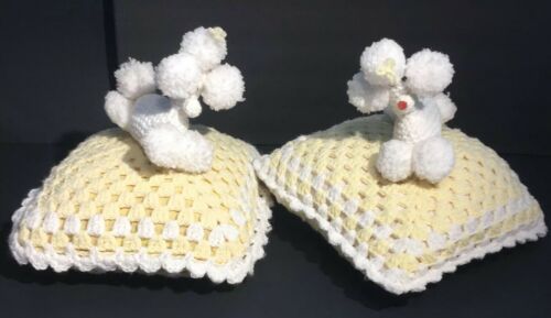 Vintage Hand Crochet French Toy Poodle Pillows Set Of 2 Yellow White Scallop 60s