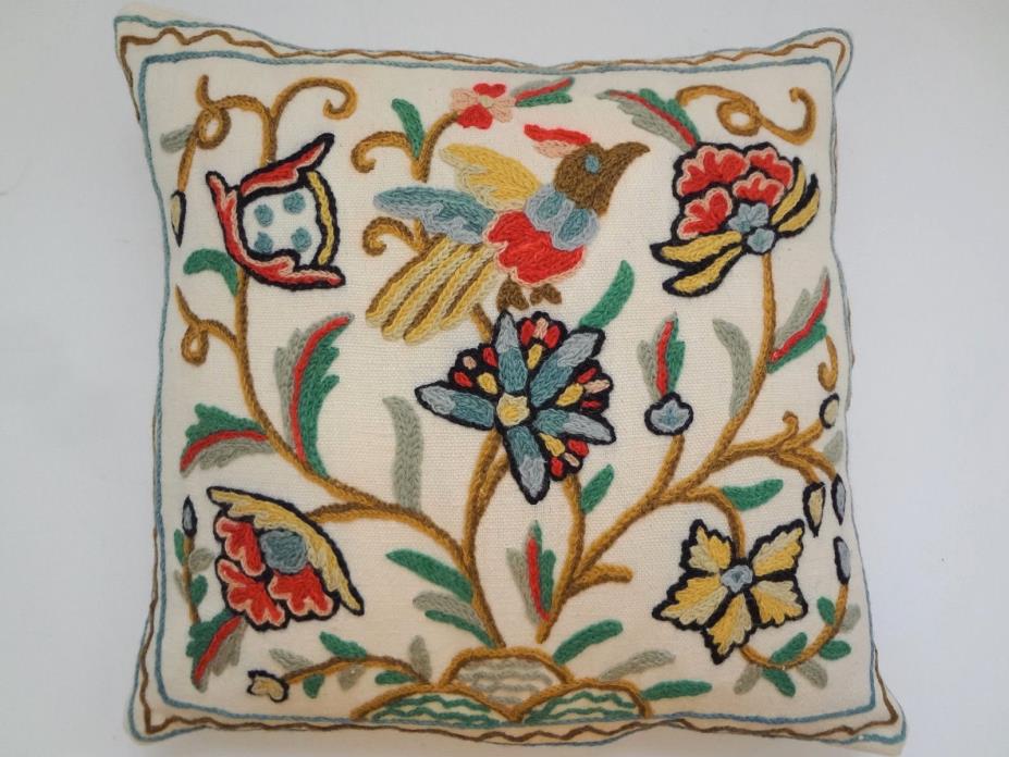 16 x 16 Vintage Hand Embroidered Cotton Pillow Cover Bird Flowers Kashmir India