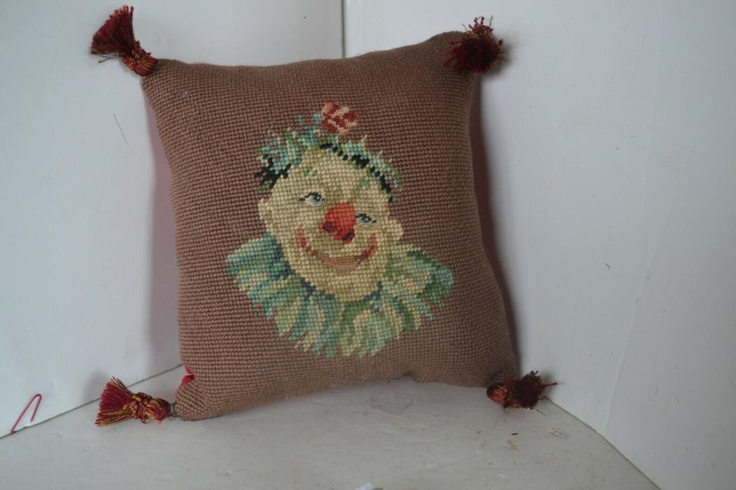 Vintage Needlepoint Clown Pillow With Tassel