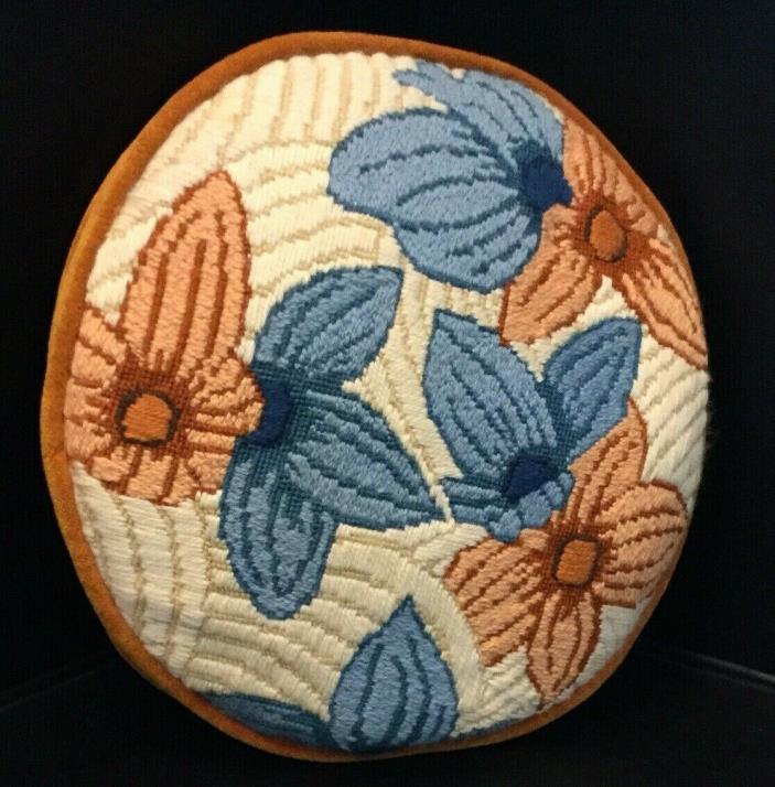 Vtg Throw Decorative Pillow Embroidered Orange Velvet floral Blue Crewel circle