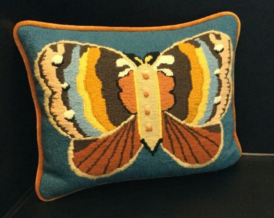 Vtg Throw Decorative Pillow Embroidered Burnt Orange Velvet Butterfly Blue wool