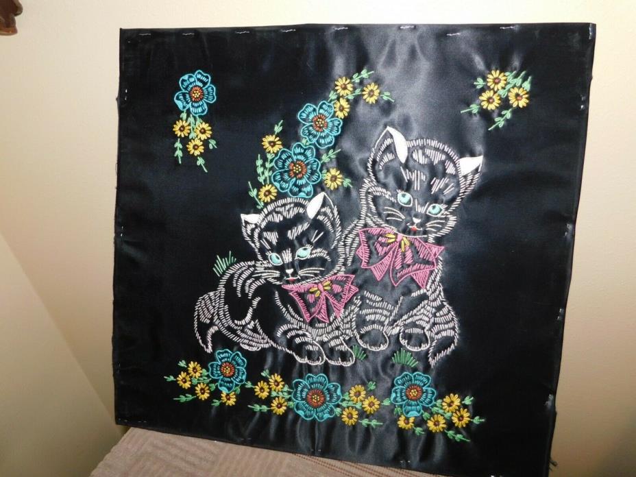 Black Kittens Colortex Pillow Form Satin Hand Embroidered COMPLETED Vintage