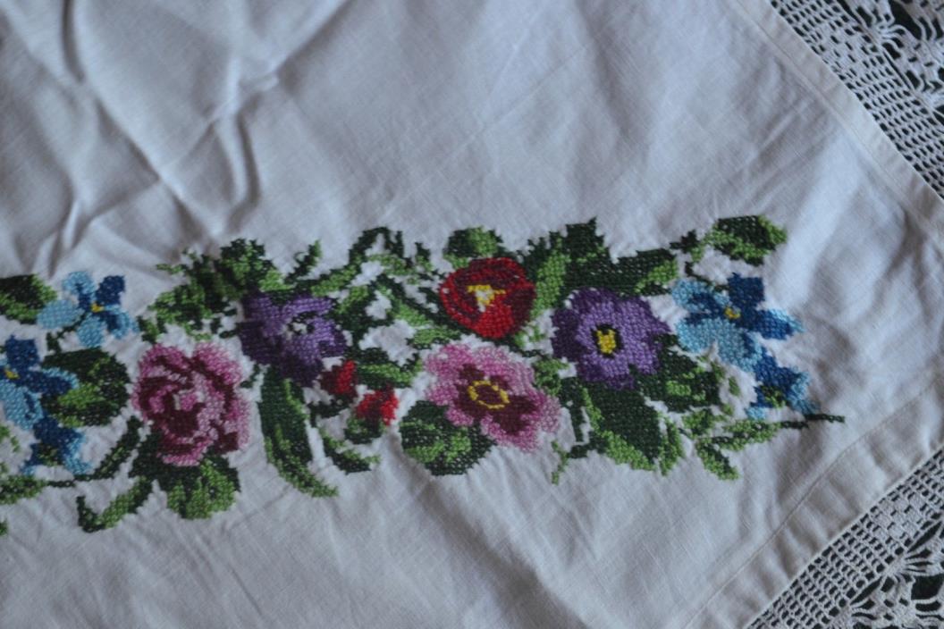Table Dresser Runner Scarf Cross Stitch Flower Embroidery #3 23 by 37.5”