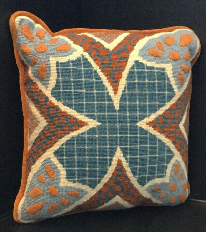Vtg Throw Decorative Pillow Embroidered Burnt Orange Velvet Square Blue Abstract