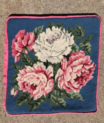 Gorgeous Vintage Handmade Wool Needlepoint Pillow Cover PINK & WHITE ROSES