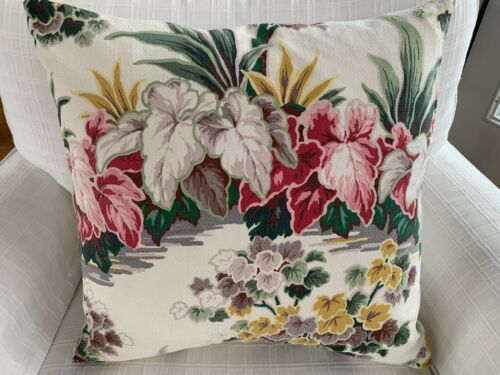 Vintage Tropical Barkcloth Pillow Cover In Cream With Pink And Yellow Floral