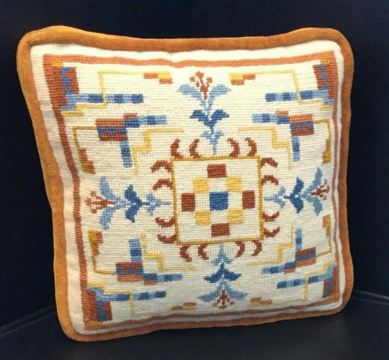 Vintage Throw Decorative Pillow Embroidered Burnt Orange Velvet Square Blue Boho