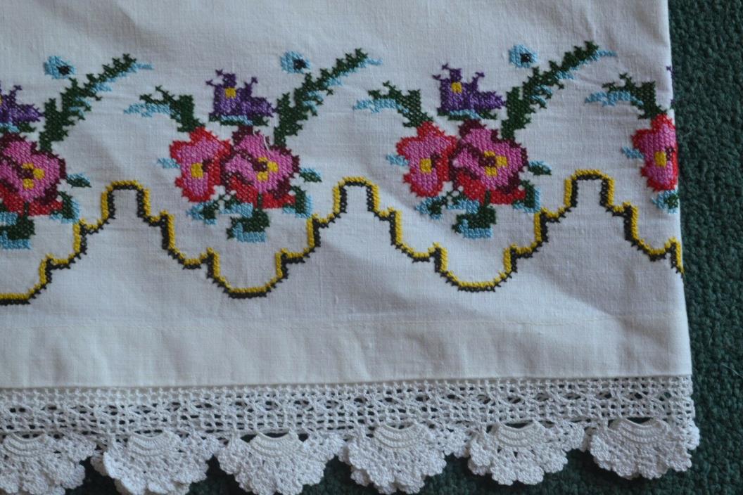 Table Dresser Runner Scarf Cross Stitch Flower Lace Embroidery #1 86 by 35”