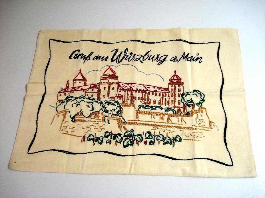 Antique GERMAN Embroidered Pillow Sham/Cover--UNUSED--Castle/Abbey-Translation?