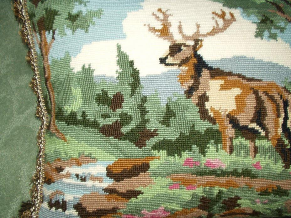 Vintage DEER BUCK STAG Needlepoint Pillow for CABIN LODGE COTTAGE