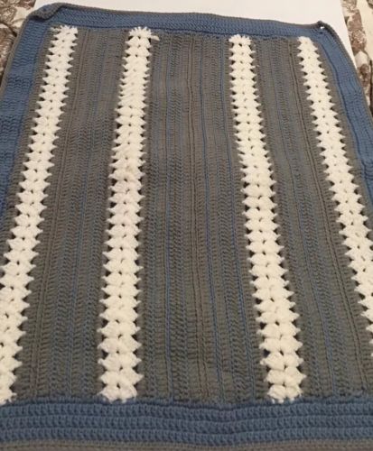 Vintage crochet Standard pillow sham - Blue,gray,Ivory Stripes EUC