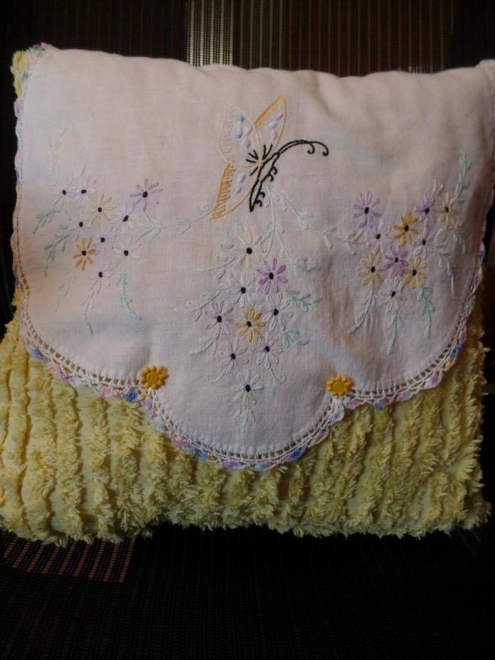 Vintage Handmade Throw Pillow w/Embroidered Butterfly & Flowers, Chenille Back