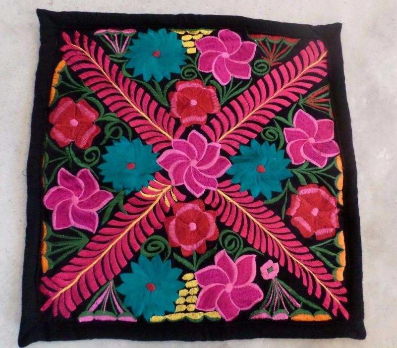 Mexican Woven Hand Embroidered Pillow Case Flowers Chiapas 19x19