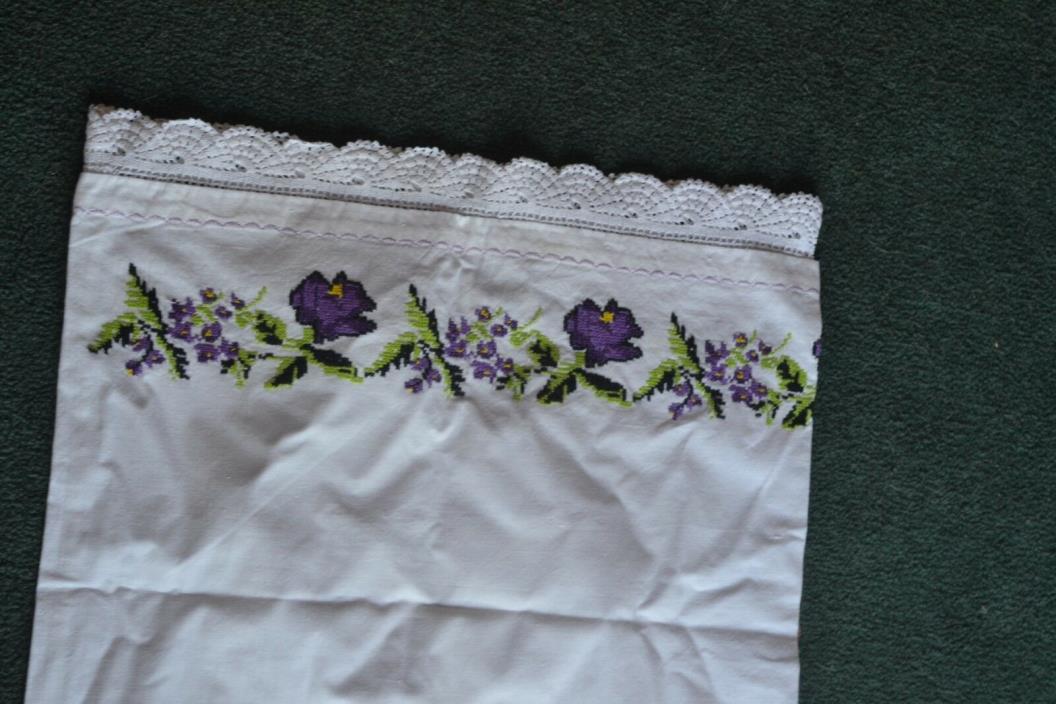 Pillow Case Cover Sham Cross Stitch Flower Purple Embroidery #2 16.5 by 33”