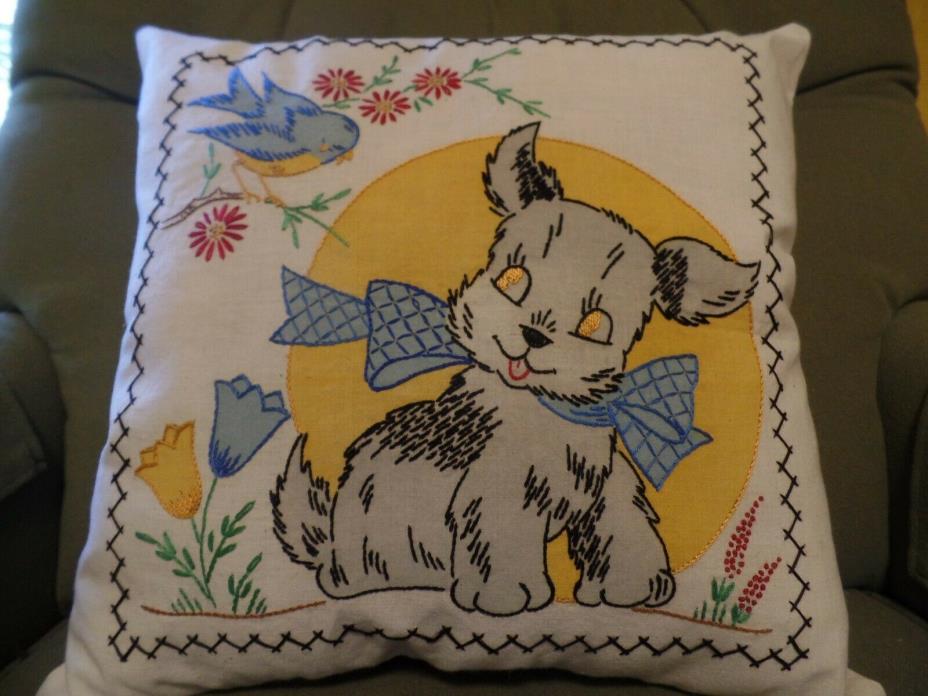 Vintage 1930's Vogart Pillow Kit Finished, Embroidered Puppy Dog & Robin, Linen