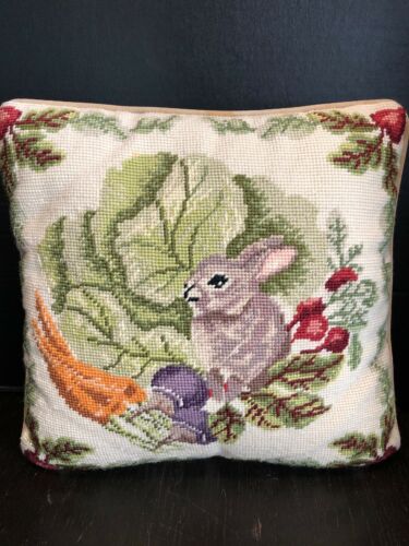 Vintage Hand Crafted Needlepoint Rabbit/Bunny Vegetable Pillow