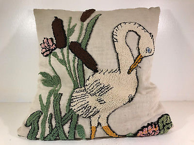 40s Swan Embroidered Pillow w/ cattails reeds NICE 13