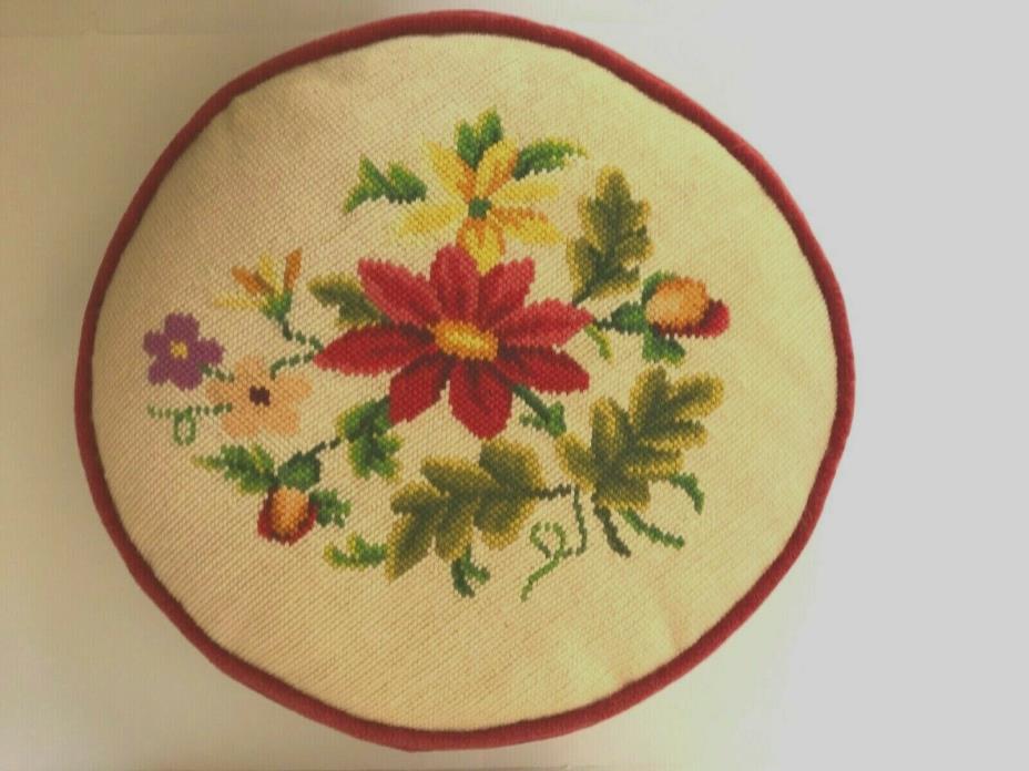 Vintage Round Embroidered Tapestry Floral Pillow with Red Velvet Backing