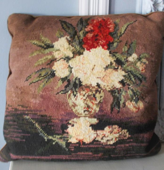 VINTAGE VICTORIAN STYLE NEEDLEPOINT PILLOW- VASE OVERFLOWING WITH FLOWERS