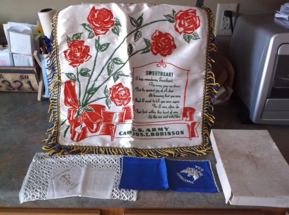 Vintage SATIN/VELVET FRINGED  SWEETHEART Pillow CASE/2 HANDKERCHIEFS/PA BOX