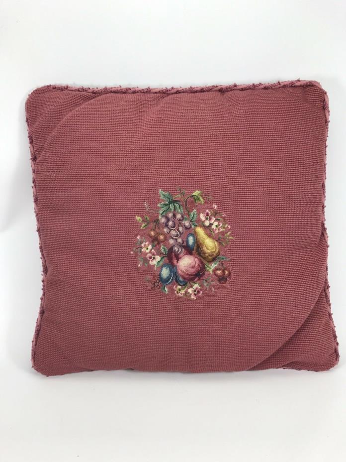 Vintage Needlepoint Petit Point Floral Fruit Mauve Square Throw Pillow-18
