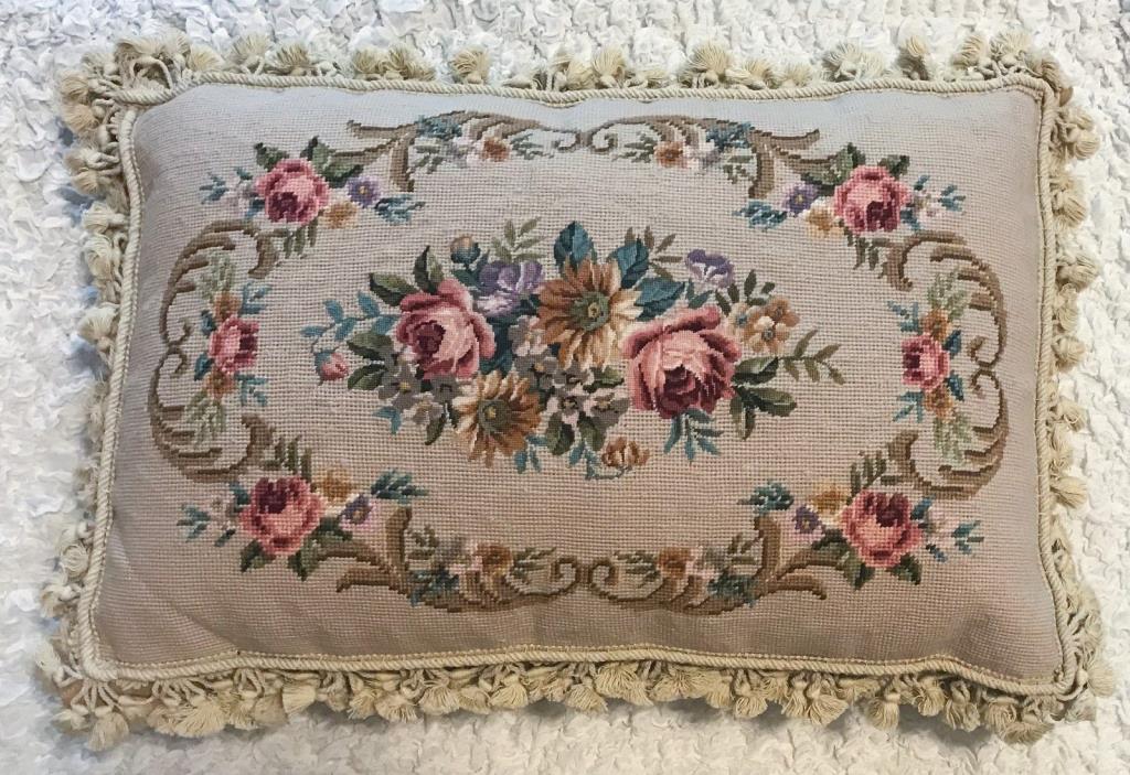 Finished ROSES & FLORAL Wool Needlepoint Petite Point Pillow Rectangular 26
