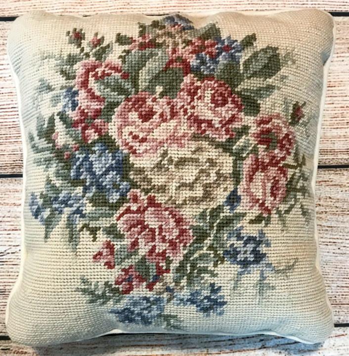 Beautiful Vintage Wool Needlepoint Rose Floral Throw Pillow Shabby Cottage Chic