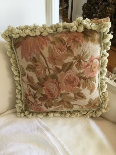 Vtg Rose Pillow Pink Reach Roses Tassels Needlepoint french style