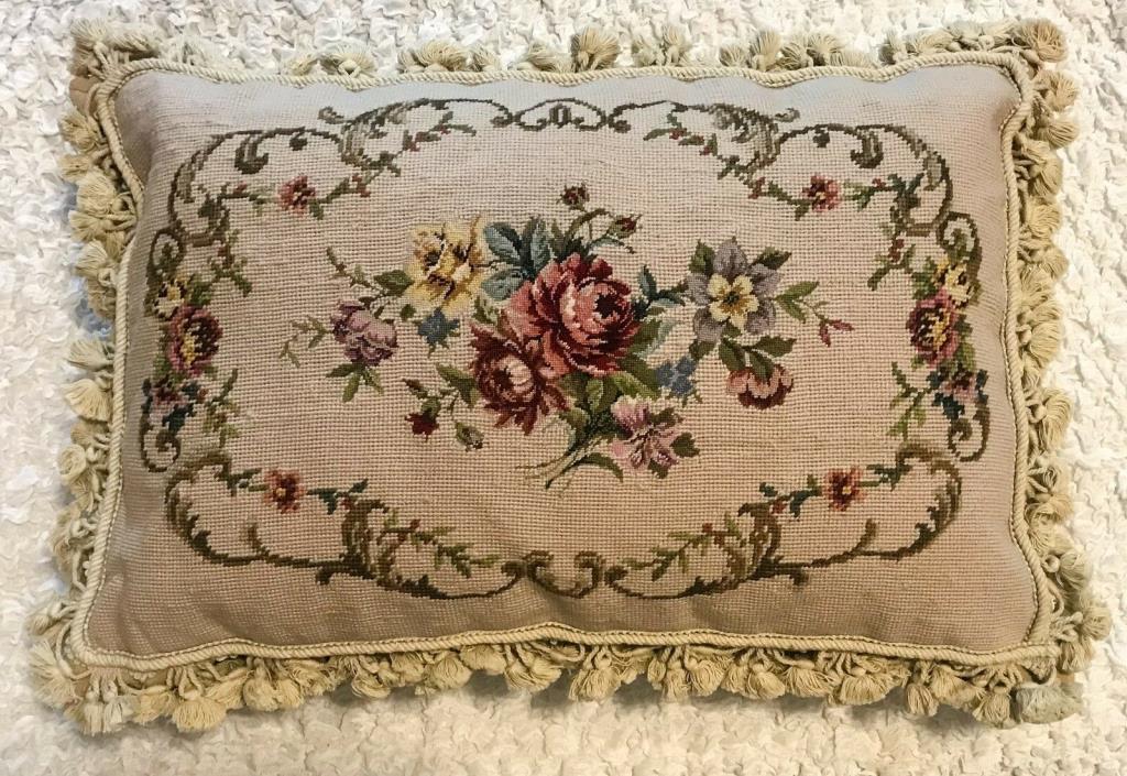 Finished ROSES Wool Needlepoint Petite Point Pillow wTassels Rectangular 26