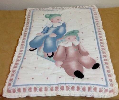 Crib Quilt, Printed Clown Babies, Hearts, Lace Border, Ivory, Blue