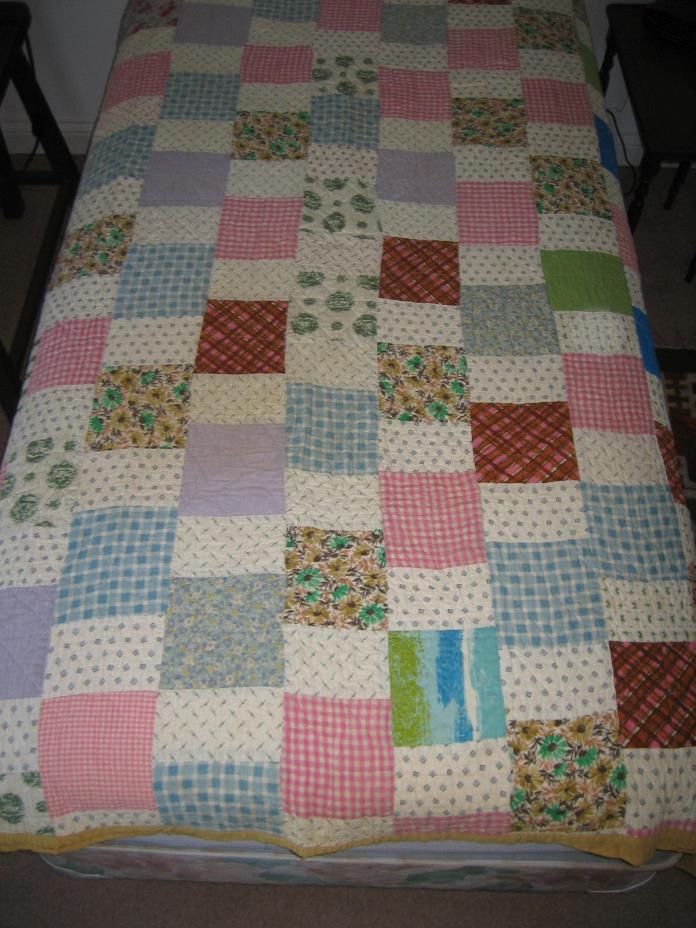 Vintage Antique All Hand Made Squares Twin Quilt - 77