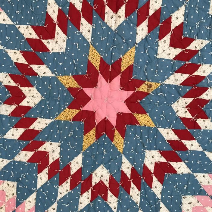 Vintage Lone Star Quilt 1960s Hand Tied Colorful 66