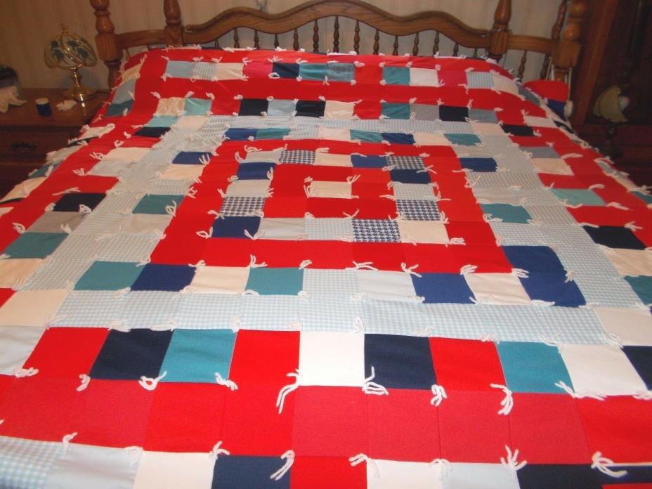 Vintage Red/White/Blue Double Knit KING SIZE Knotted Quilt/Comfort 96