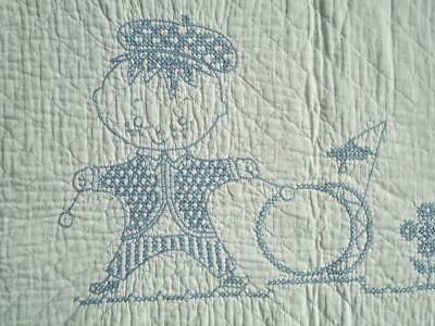 Vintage 60s Nursery Quilt Blue Cross Stitch Embroidered Playing Children 38x55