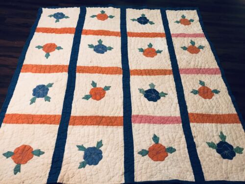 Fall Cottage Vintage 1930s Orange And Blue Camellia QUILT 73x70 GUC