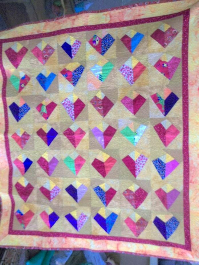 HANDMADE HEARTS or KITE gold red pink LAP baby crib blanket QUILT patchwork