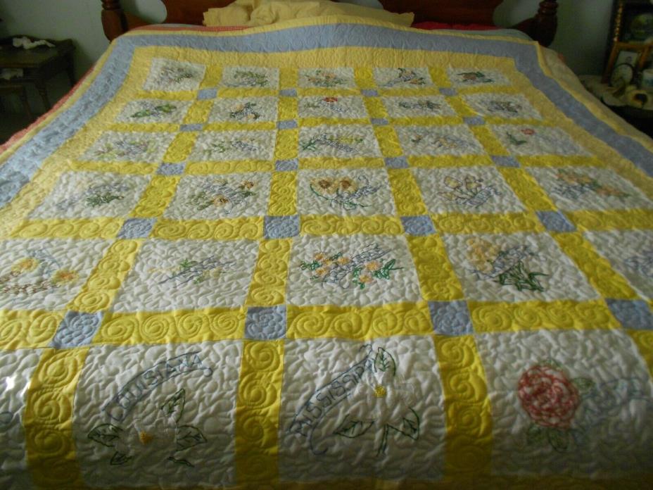 United States Flower Quilt, Hand Embroidered