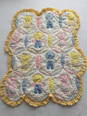 Vintage Handmade Baby Quilt Boy with Hat Girl with Bonnet Yellow Gingham 31