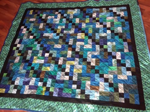 Handmade Quilt blues and greens 70 x 77