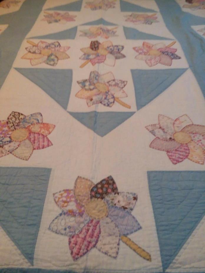 Vintage Hand Stitched Blue Quilt Soft Worn Patchwork Flower 77