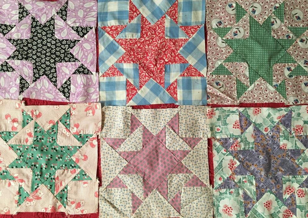 VINTAGE Lot of 6 QUILT SQUARES In Colorful Star Pattern 11 x 11