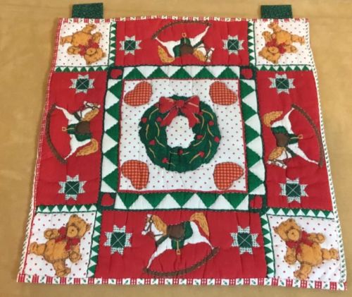 Printed Country Christmas Quilt Wall Hanging, Wreath, Rocking Horse, Teddy Bears