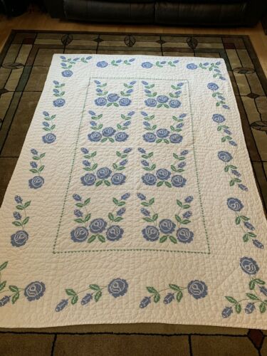 Vintage Hand Sewn And Embroidered Quilt (87x61)