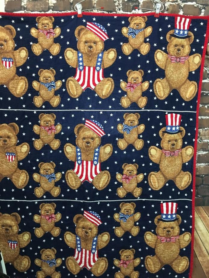 Toddler Quilt Vintage Teddy Bear 4th of July Patriotic Print Crib size Handmade
