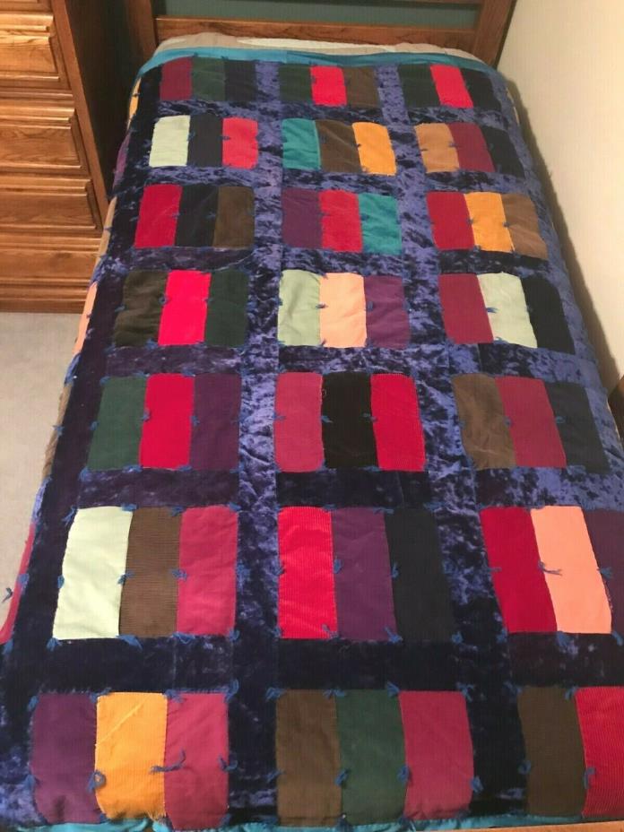 Vintage Handmade Quilt Blanket Hand Tied Throw Multi-Color Rectangles 70
