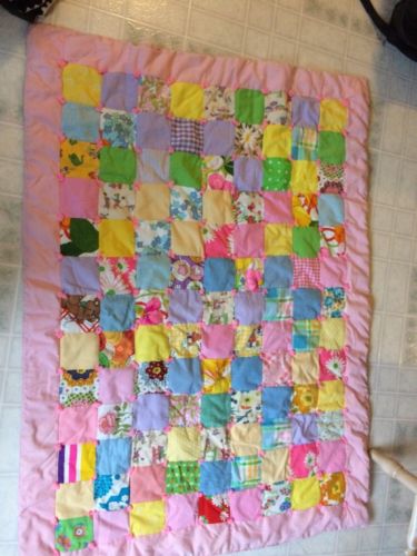 vintage baby, lap quilt age unknown hand tied 36 1/2 X 48 1/2 Pink border Poofy