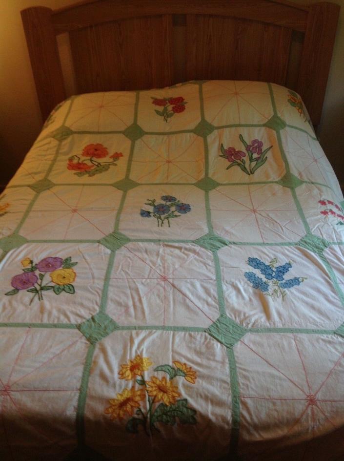 Vintage hand embroidered quilt coverlet bedspread floral WOW MUST SEE! 82x96