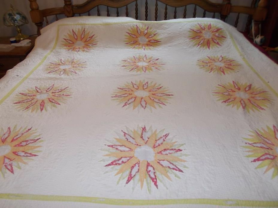 Vintage/Antique Bright Starbrust Design Crafted Hand Appliqued Quilted 78
